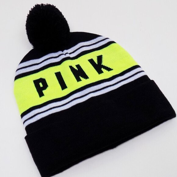 NEW VS PINK pom pom campus beanie hat logo knit - Picture 1 of 4
